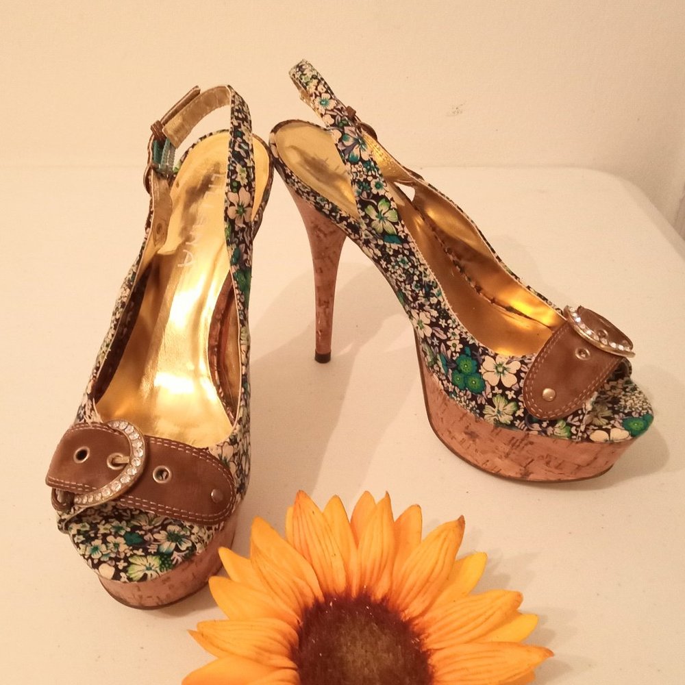 🎀SALE🎀NWOT Rhinestone Cork Platform High Heels Open Toe Buckle Strap Shoes - Picture 7 of 16